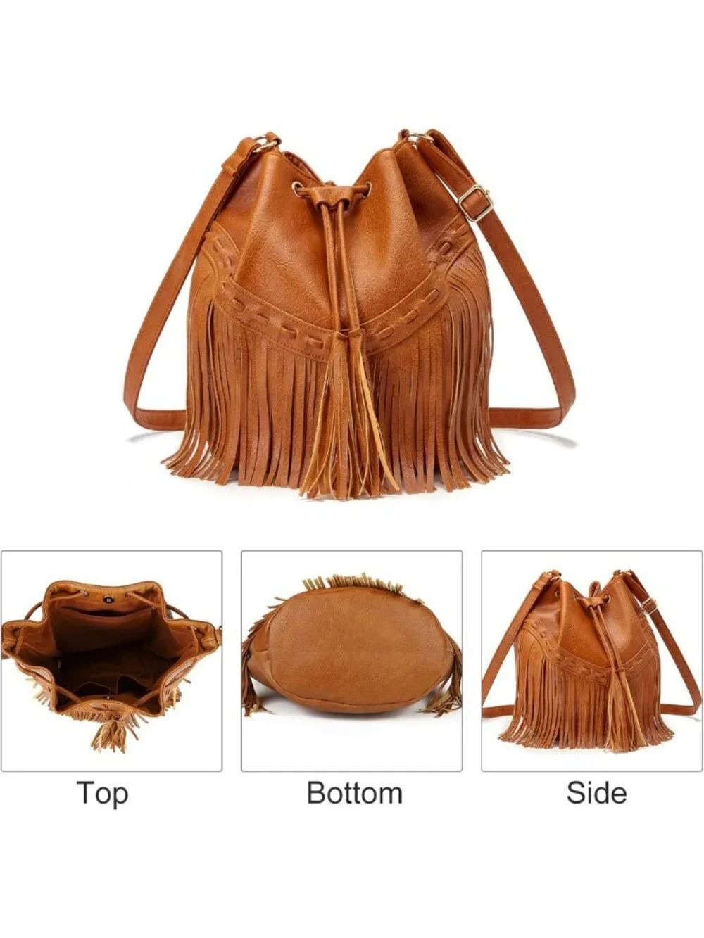 Stylish Leather Bucket Bag for Women - Crossbody Fringe Purse with Tassels